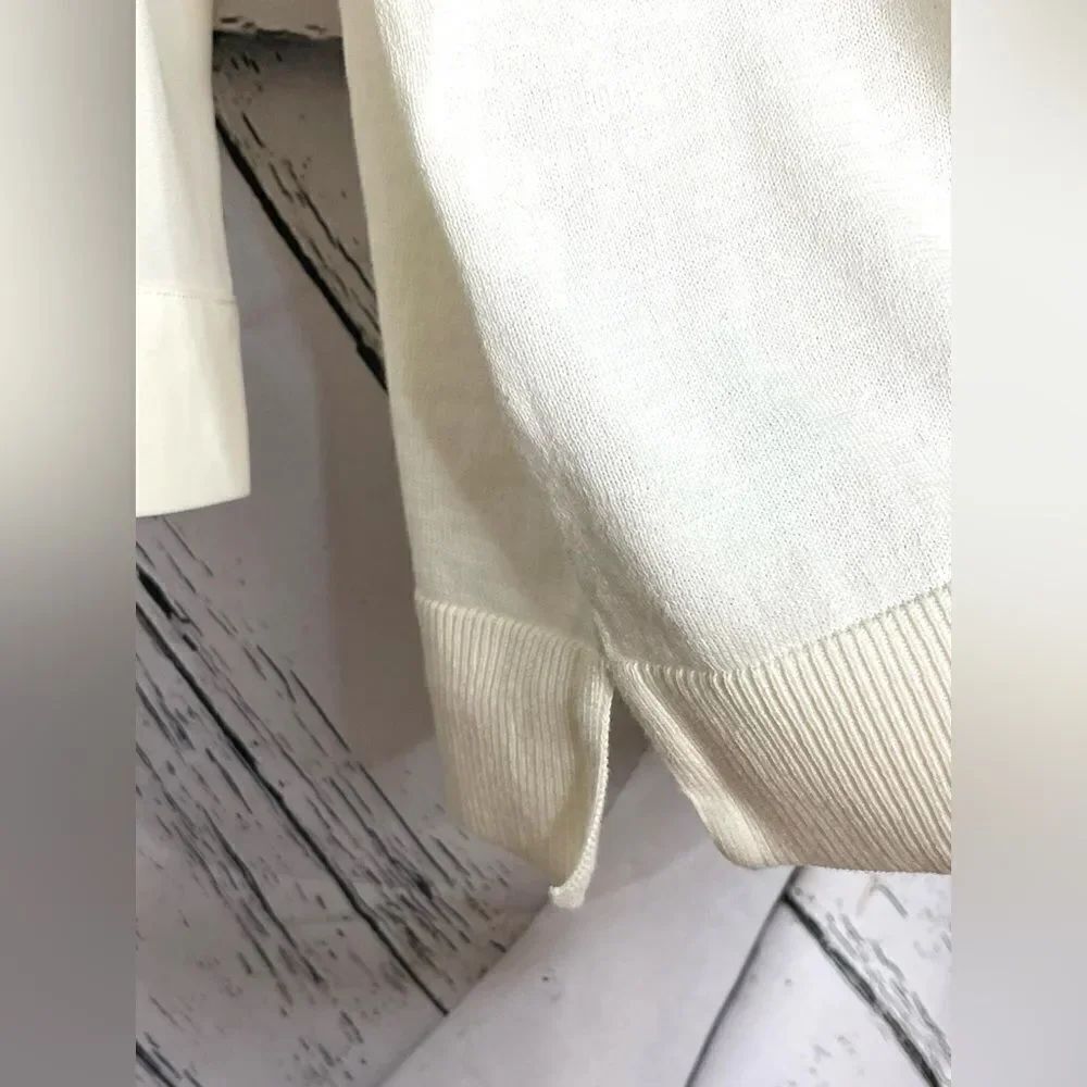 Loft Ivory Cotton Crewneck Sweater with Polyester Sleeves L - Picture 4 of 7
